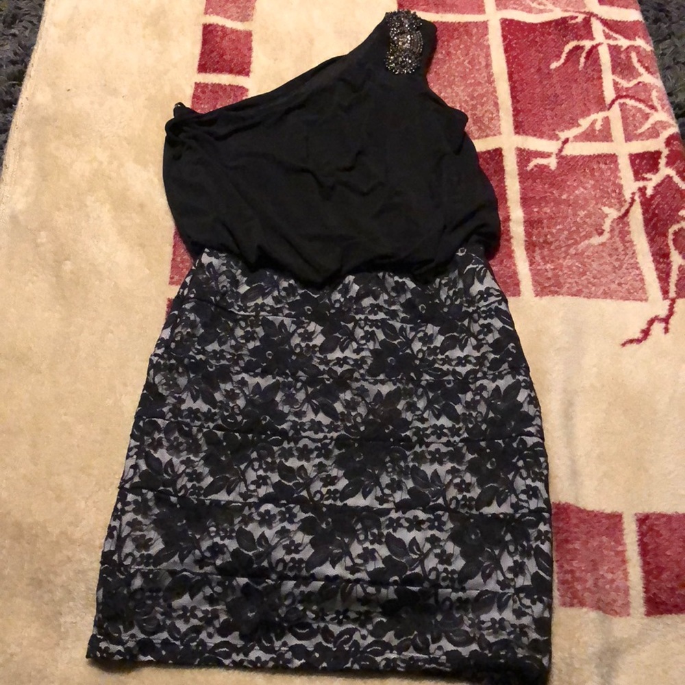 Black One Strap Dress With Lace On Bottom Half